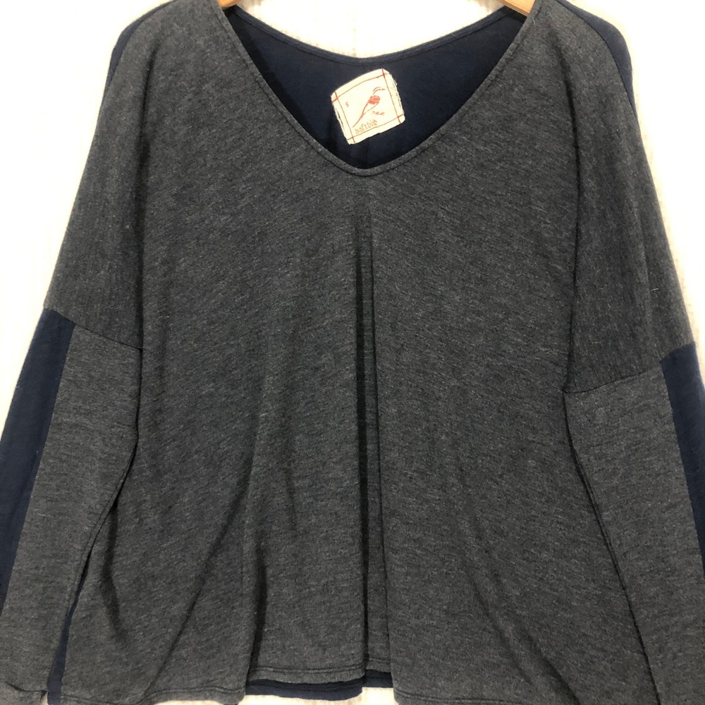 Daftbird Womens V-Neck Colorblock‎ Long Sleeve Top Grey Navy Blue Size S